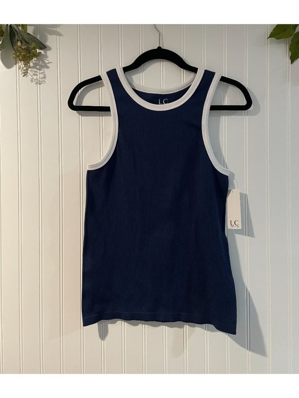 LC Couture Navy Blue Ribbed Tank Top With White Trim  L/XL